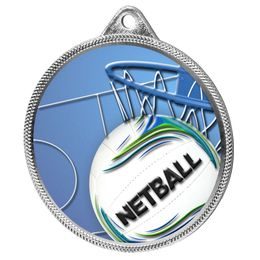 Netball 3D Texture Print Full Colour 55mm Medal - Silver