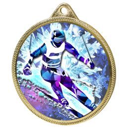 Skiing 3D Texture Print Full Colour 55mm Medal - Gold