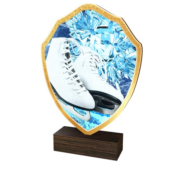 Arden Ice Skating White Boot Real Wood Shield Trophy