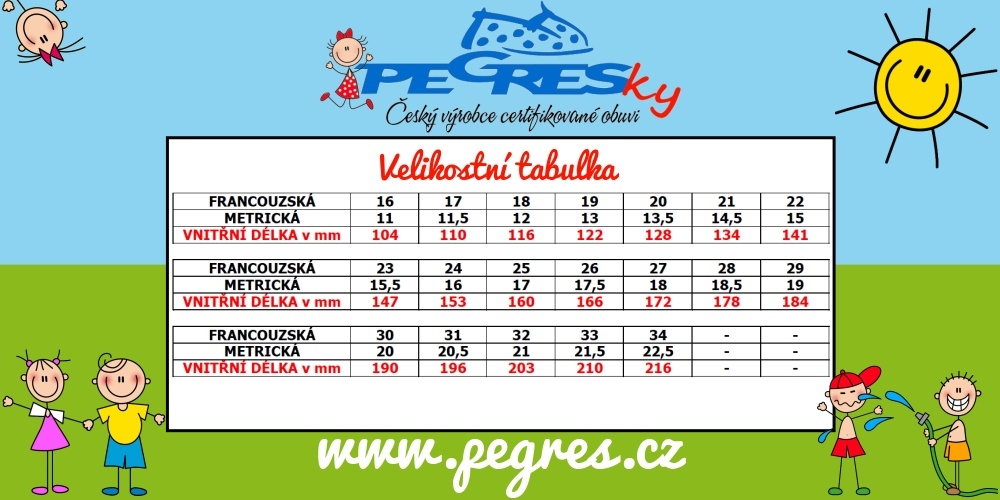 Velikostní tabulka Pegres