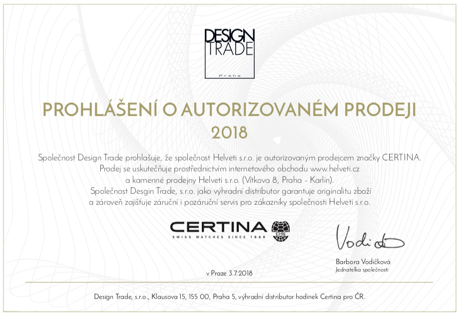 Certifikát certina prodejce hodinek Helveti s.r.o.