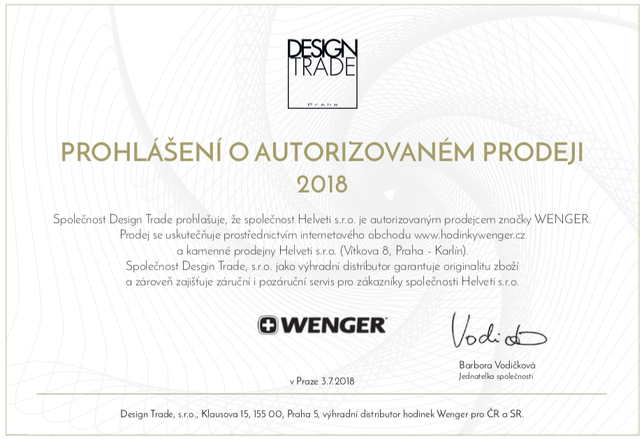 Certifikát Wenger prodejce hodinek Helveti s.r.o.