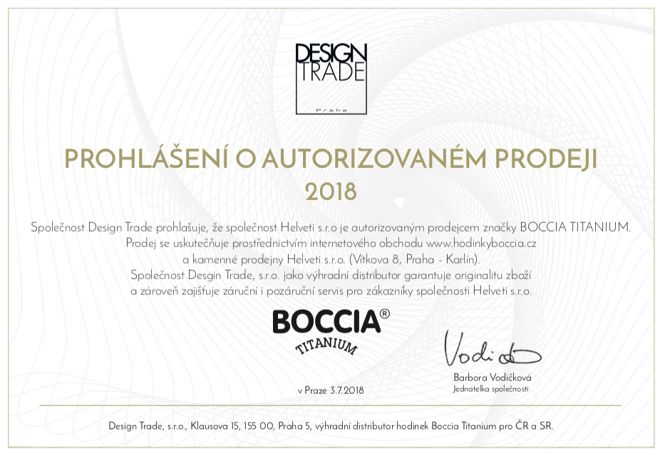 Certifikát boccia titanium prodejce hodinek Helveti s.r.o.