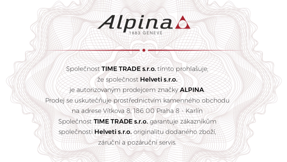 Certifikát Alpina prodejce hodinek Helveti s.r.o.