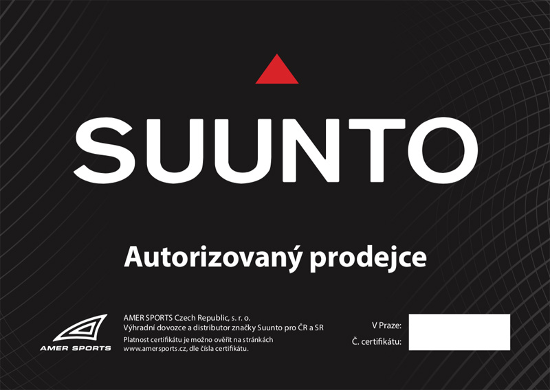 Certifikát Suunto prodejce hodinek Helveti s.r.o.