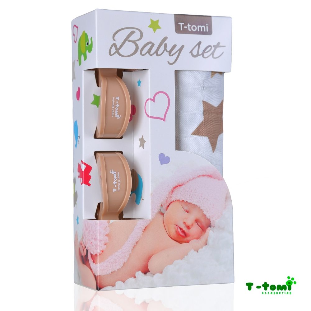 T-Tomi Baby SET Bambusová osuška s potiskem + kočárkový kolíček - béžové hvězdičky / béžový