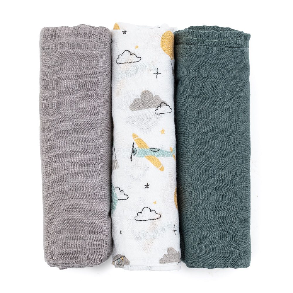 Levně PETITE&MARS Sada plenek bambusová mušelínová 3ks Moussy Grey Planes, 68 x 68 cm - PETITE&MARS Sada plenek bambusová mušelínová 3ks Moussy Grey Planes, 68 x 68 cm