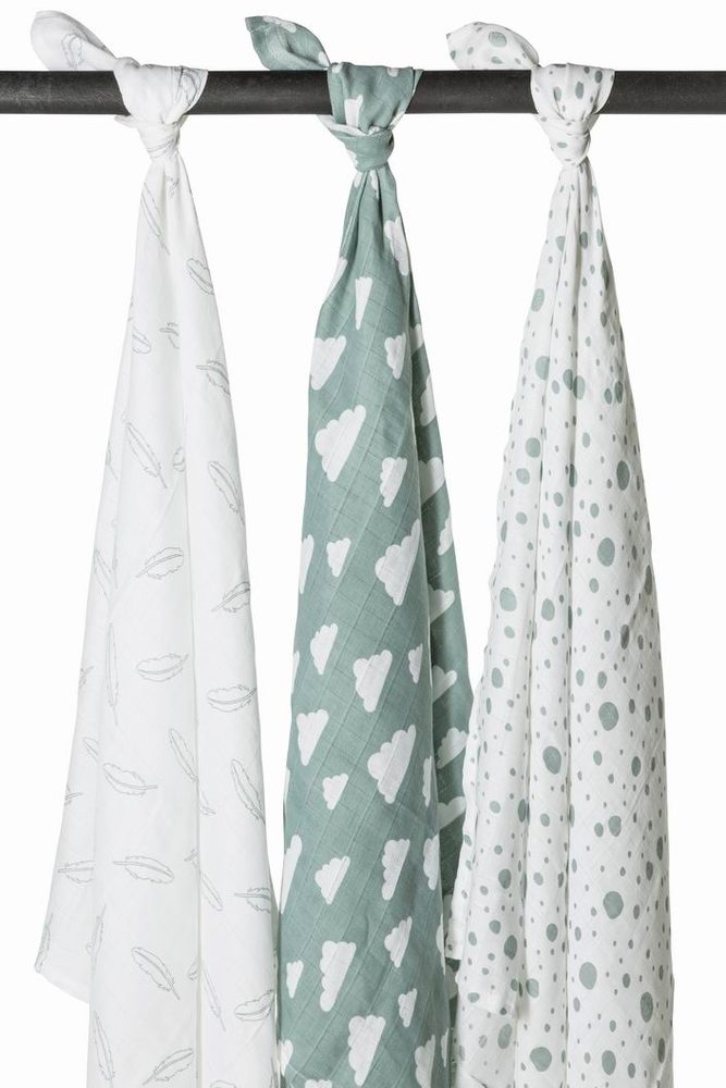 Meyco Pleny 3-balení Feathers-clouds-dots stone green/white