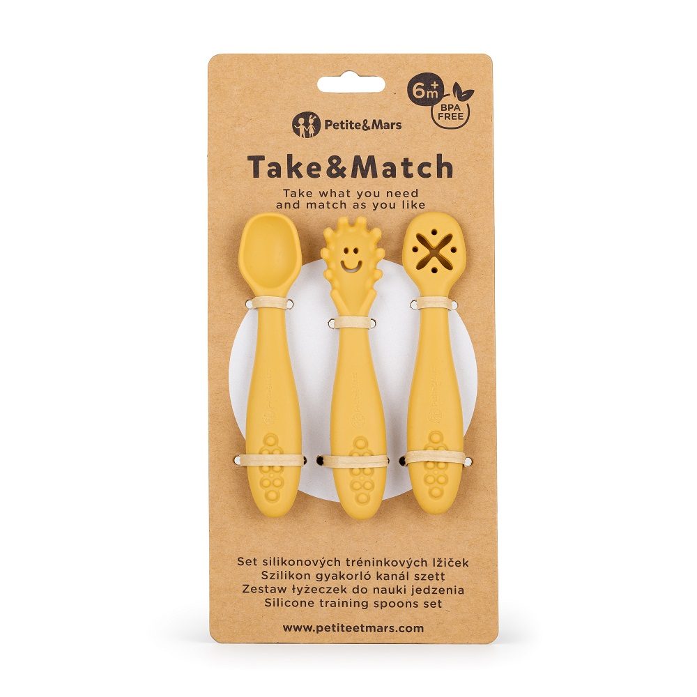 Petite&Mars Set 3ks silikonových tréninkových lžiček Take&Match 6m+ - Intense Ochre