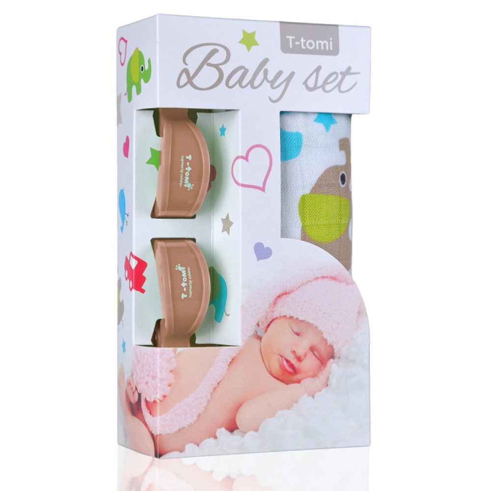 T-Tomi Baby SET Bambusová osuška s potiskem + kočárkový kolíček - zelení sloni  beige / béžová