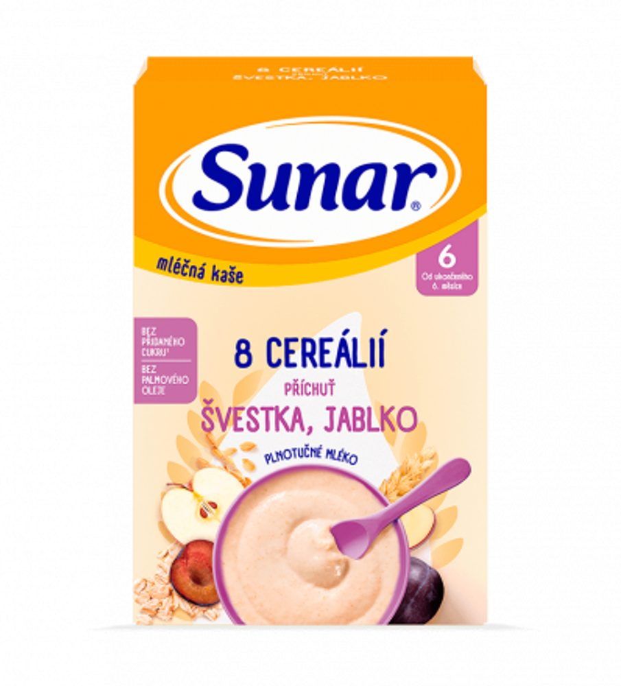 Sunar Mléčná kaše 8 cereálií příchuť švestka, jablko 210g