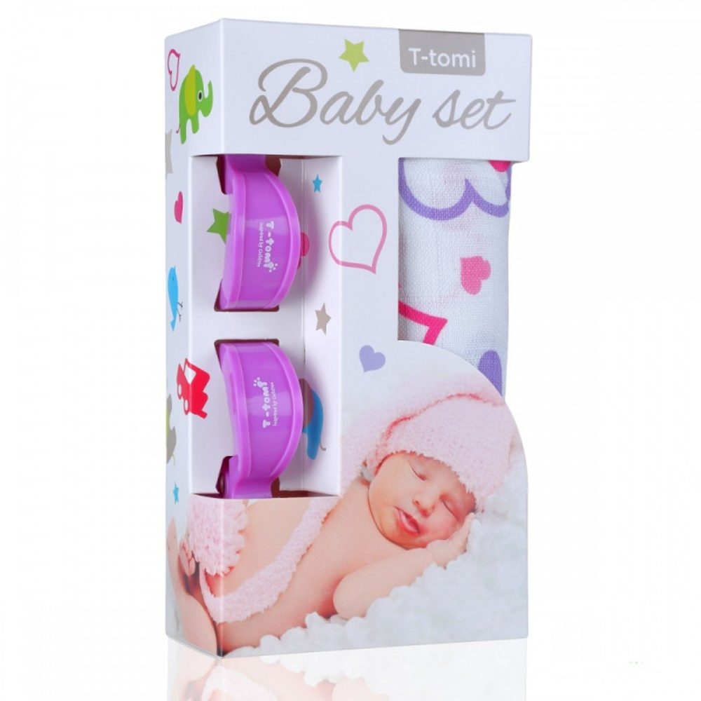 T-Tomi Baby SET Bambusová osuška s potiskem + kočárkový kolíček - srdíčka +  lilac / fialová