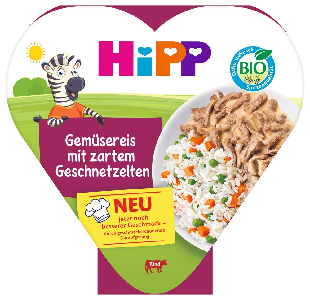 HiPP BIO Rýže se zeleninou a hráškem a jemně nakrájeným hovězím masem 250 g - EXPIRACE 30.10.2026