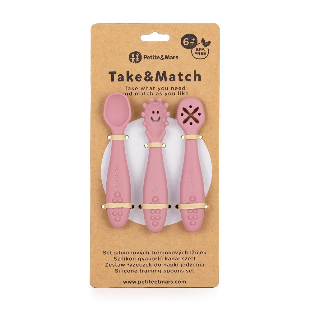 Petite&Mars Set 3ks silikonových tréninkových lžiček Take&Match 6m+ - Dusty Rose
