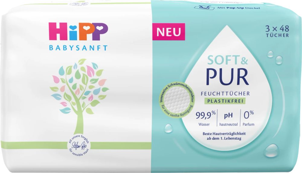 Hipp Babysanft Čistící vlhčené ubrousky Soft&Pur + VÍČKO 3x48 ks