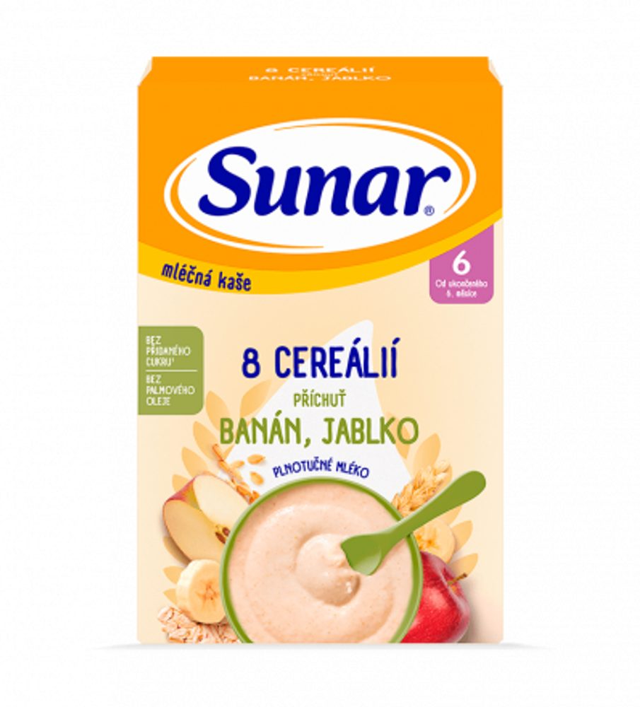 Sunar Mléčná kaše 8 cereálií příchuť banán, jablko 210g