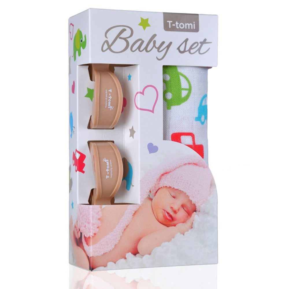 T-Tomi Baby SET Bambusová osuška s potiskem + kočárkový kolíček - cars / auta beige / béžová