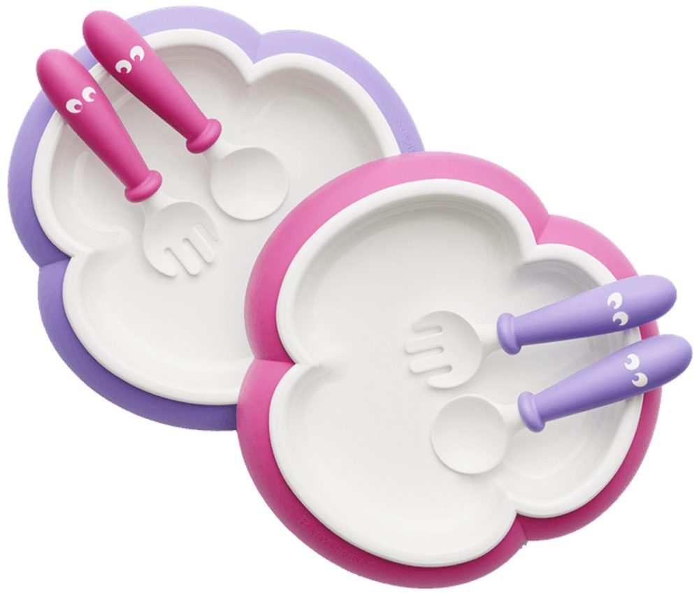 BABYBJÖRN Talířek se lžičkou a vidličkou Pink/Purple set 2ks
