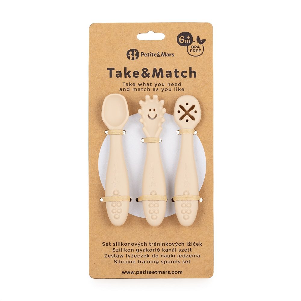 Petite&Mars Set 3ks silikonových tréninkových lžiček Take&Match 6m+ - Desert Sand