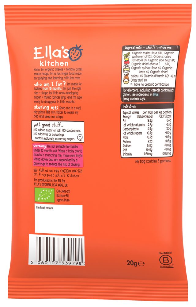 Ella's Kitchen BIO křupavé kroužky se sýrem a rajčaty (20 g) (obrázek 3)