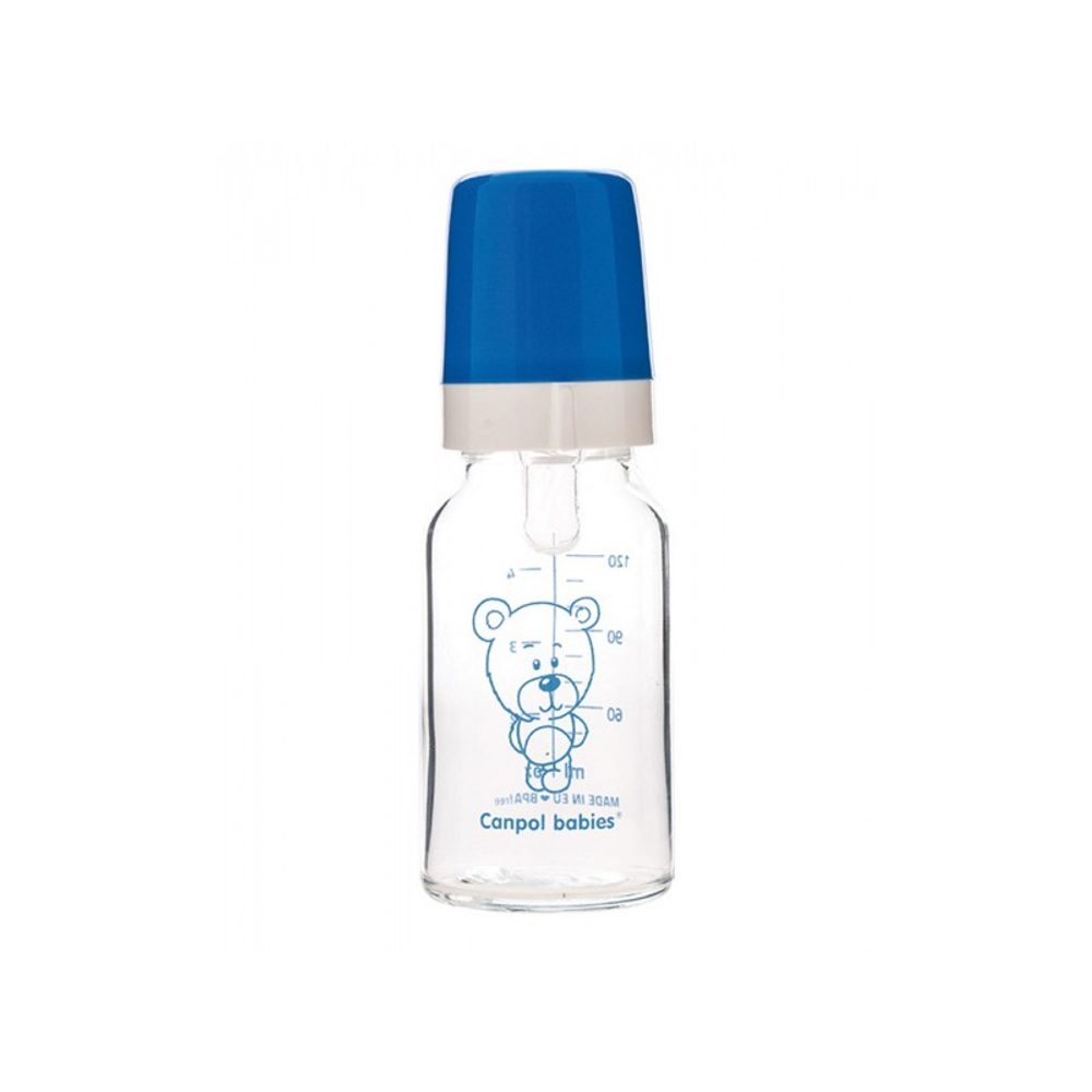 Canpol babies Skleněná láhev s úzkým hrdlem TEDDY FRIEND 120ml - modrá