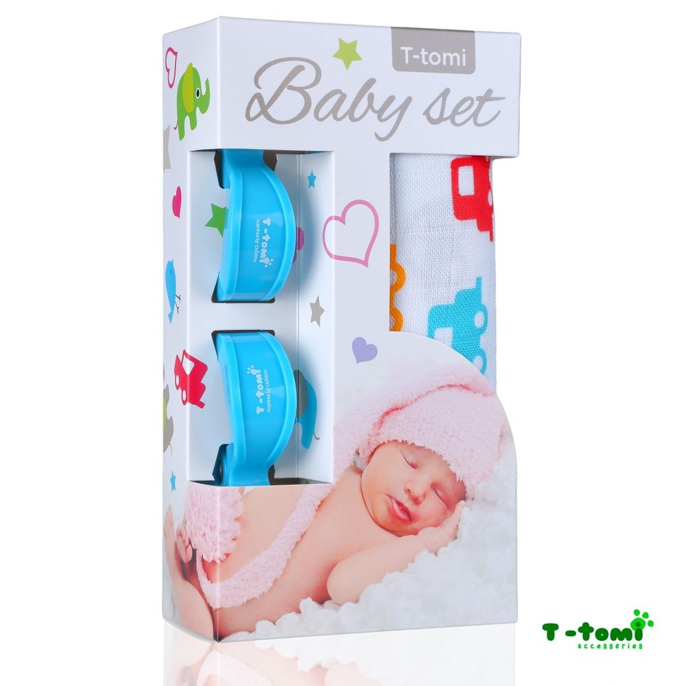 T-Tomi Baby SET Bambusová osuška s potiskem + kočárkový kolíček - auta / modrý