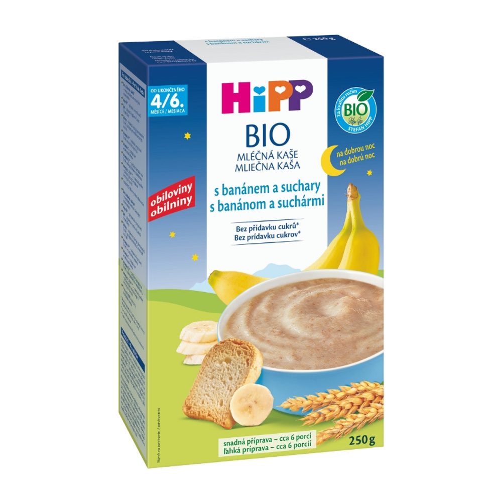 HiPP BIO Mléčná kaše na dobrou noc s banánem a suchary 250g