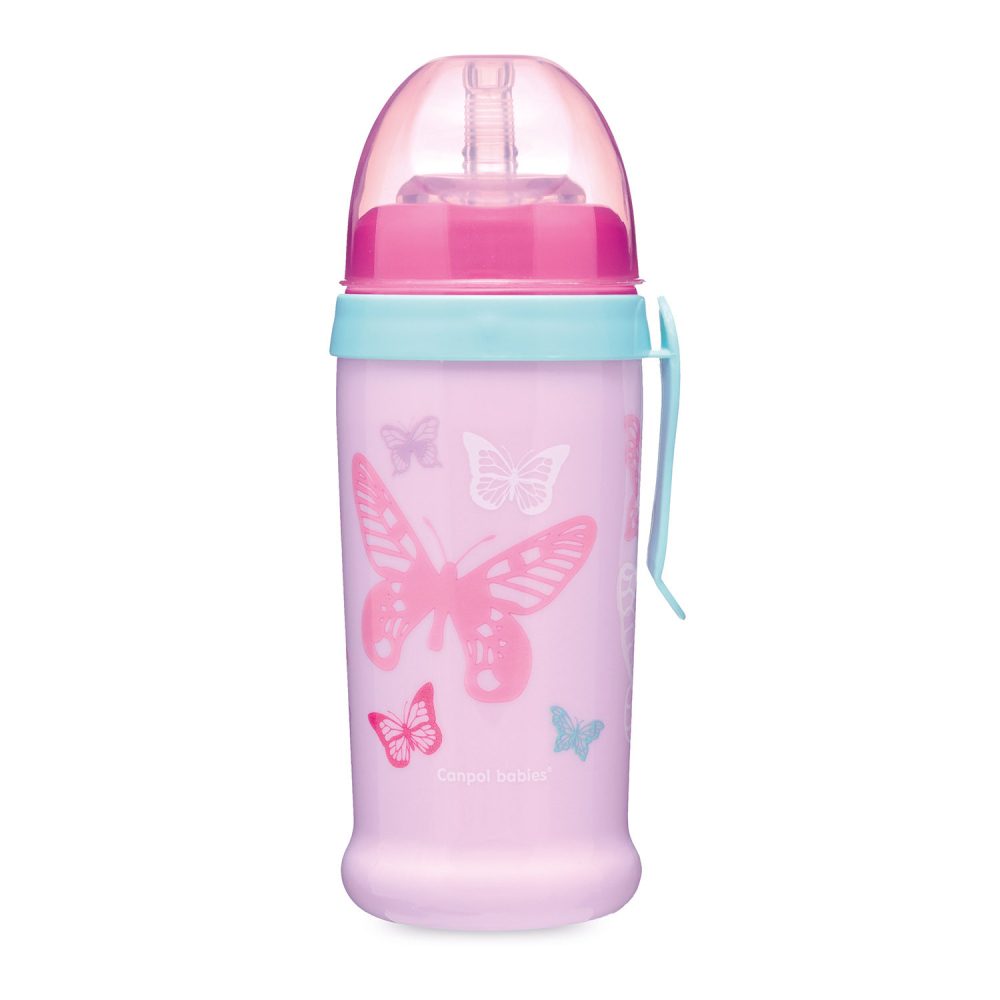 Canpol babies Sportovní láhev se slámkou MOTÝLEK 350 ml růžová