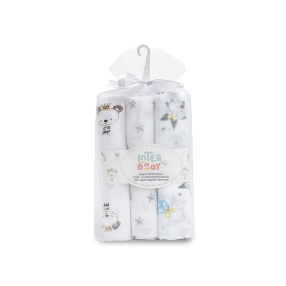 Interbaby Plenka ZVÍŘÁTKA 3ks 80x80cm - bílo/šedá