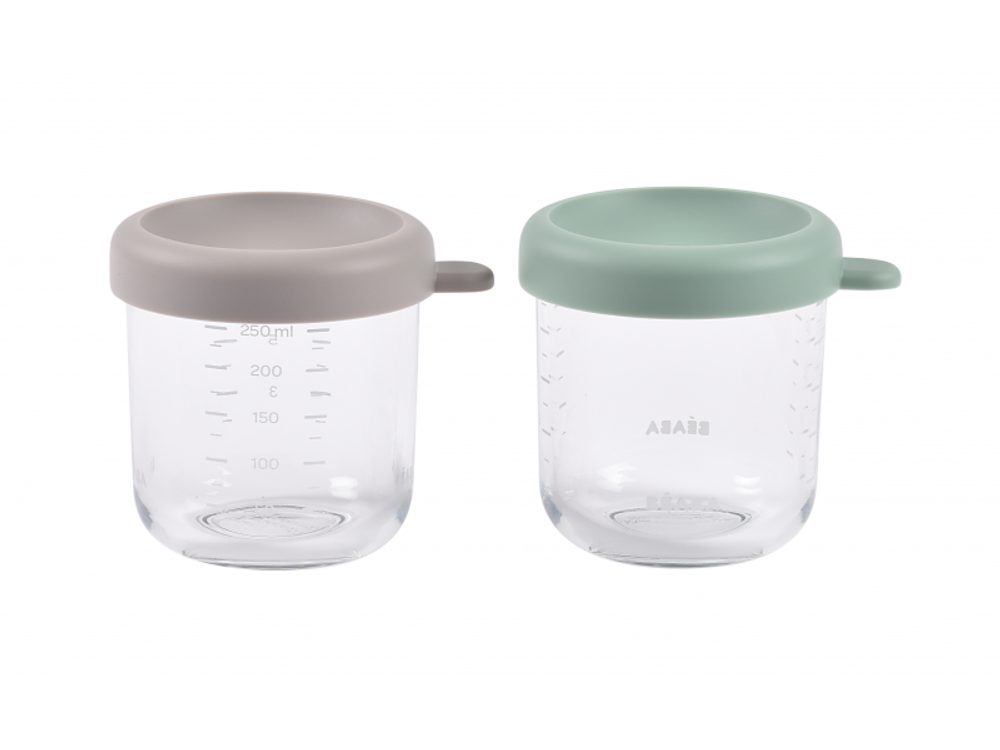 Beaba Kelímky na jídlo skleněné 2x 250 ml Green Grey