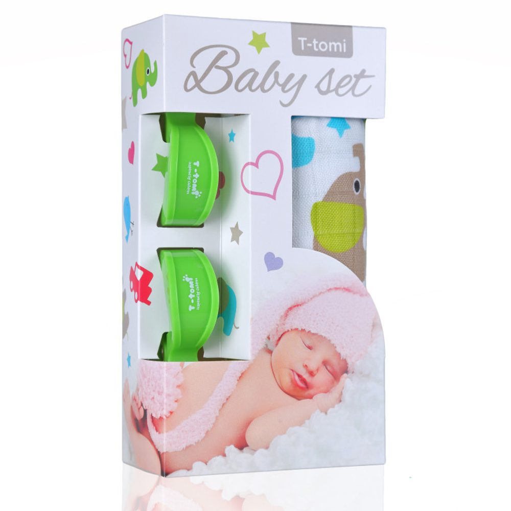 T-Tomi Baby SET Bambusová osuška s potiskem + kočárkový kolíček - zelení sloni  green / zelená