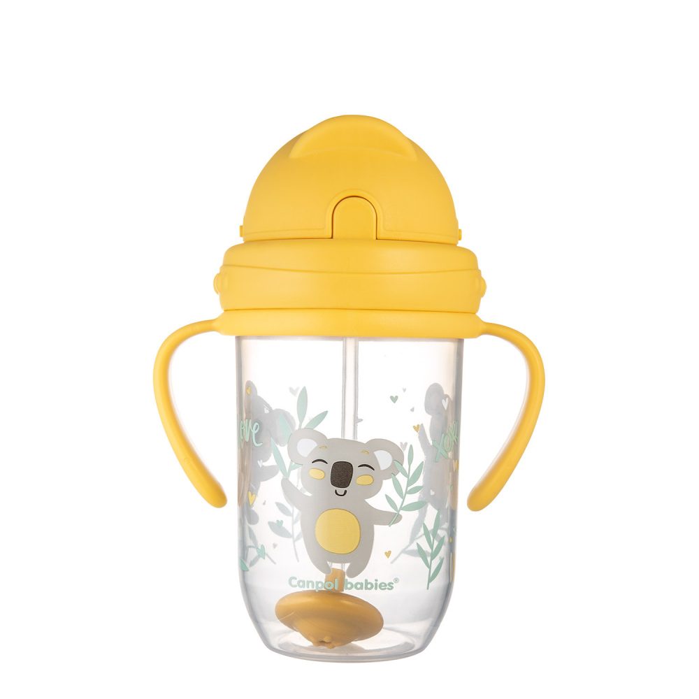 Levně Canpol babies Nevylévací hrneček se slámkou a závažím EXOTIC ANIMALS 270ml - žlutý