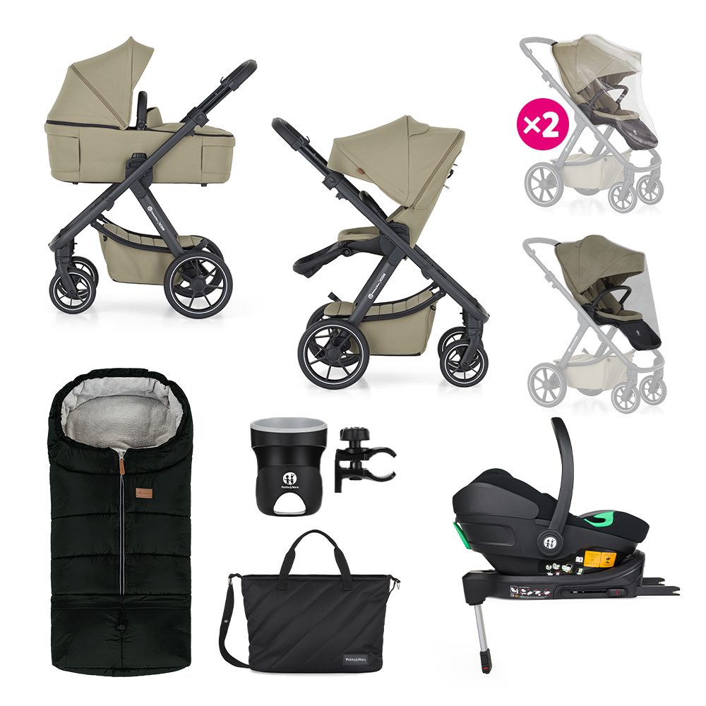 PETITE&amp;MARS Kočárek kombinovaný ICON 2v1 Dove Grey XXL RWS + Core Pro i-Size Black Grey + Báze - PETITE&amp;MARS Kočárek kombinovaný ICON 2v1 Mossy Green XXL RWS + Core Pro i-Size Black Grey + Báze