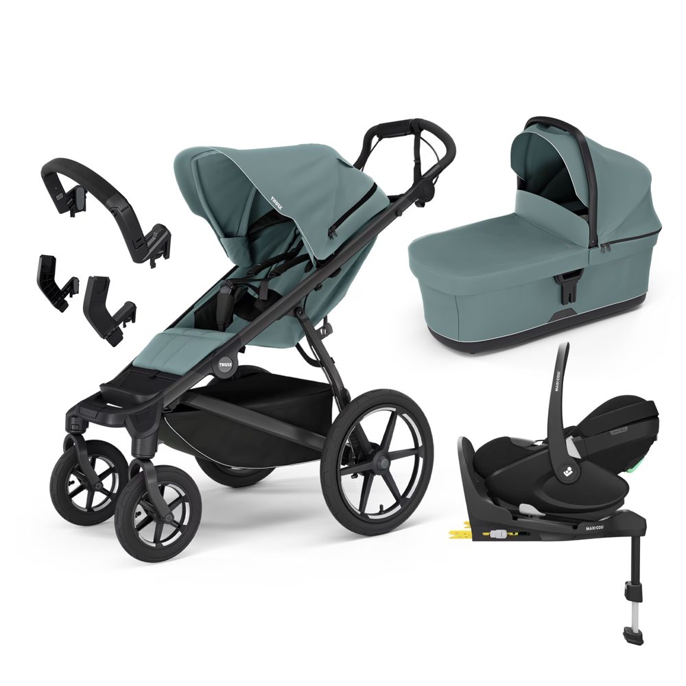 THULE Trojkombinace 6v1 Urban Glide 4-wheel + Bassinet + příslušenství 2024 + Maxi-Cosi Pebble 360 Pro² + základna FamilyFix 360 Pro - Mid Blue