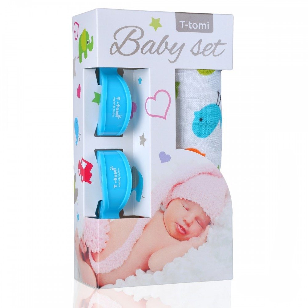 T-Tomi Baby SET Bambusová osuška s potiskem + kočárkový kolíček - ptáčci / modrý