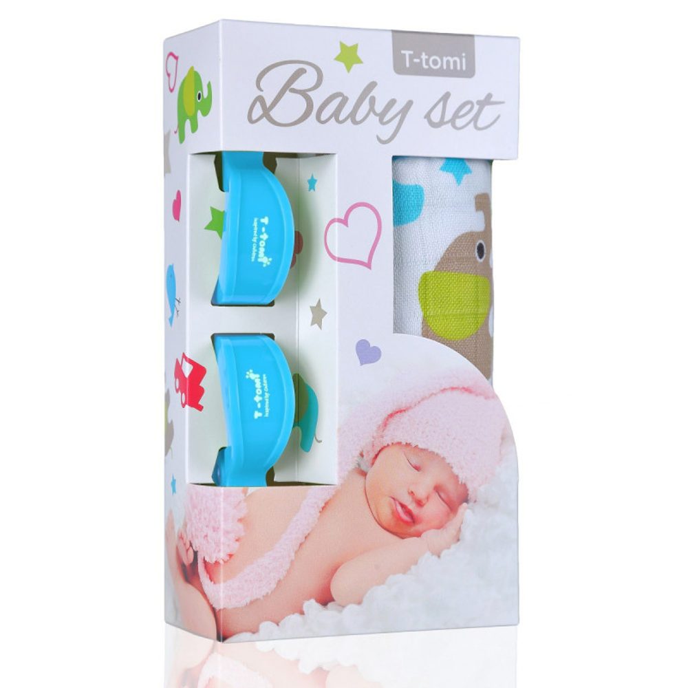 T-Tomi Baby SET Bambusová osuška s potiskem + kočárkový kolíček - zelení sloni  blue / modrá