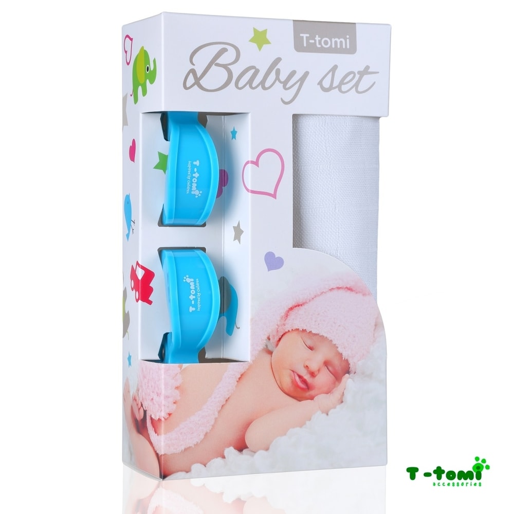 T-Tomi Baby SET Bambusová osuška barevná + kočárkový kolíček - BO bílá + KK modrý