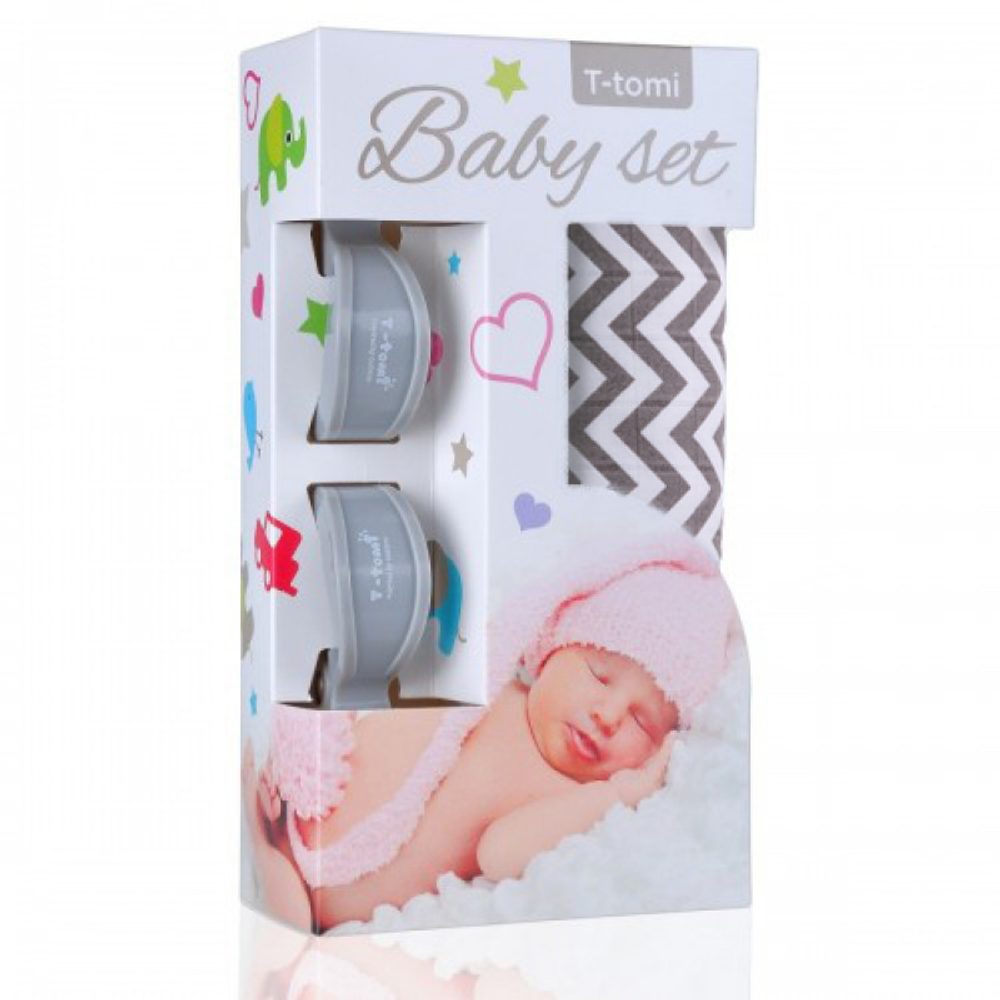 T-Tomi Baby SET Bambusová osuška s potiskem + kočárkový kolíček - grey roofs / šedé stříšky