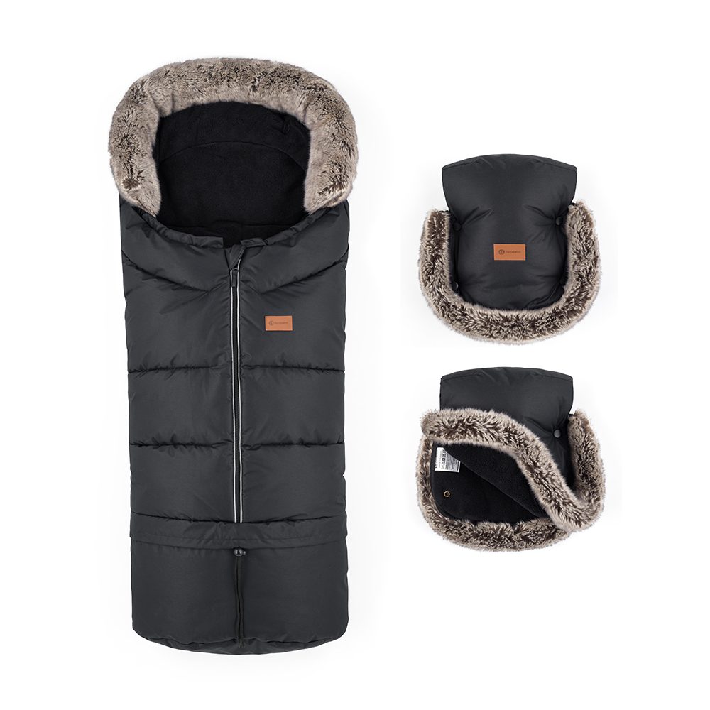 PETITE&MARS Set zimní fusak Arctic 4v1 + rukavice na kočárek Furry Elegant Caramel - PETITE&MARS Set zimní fusak Arctic 4v1 + rukavice na kočárek Furry Forever Black