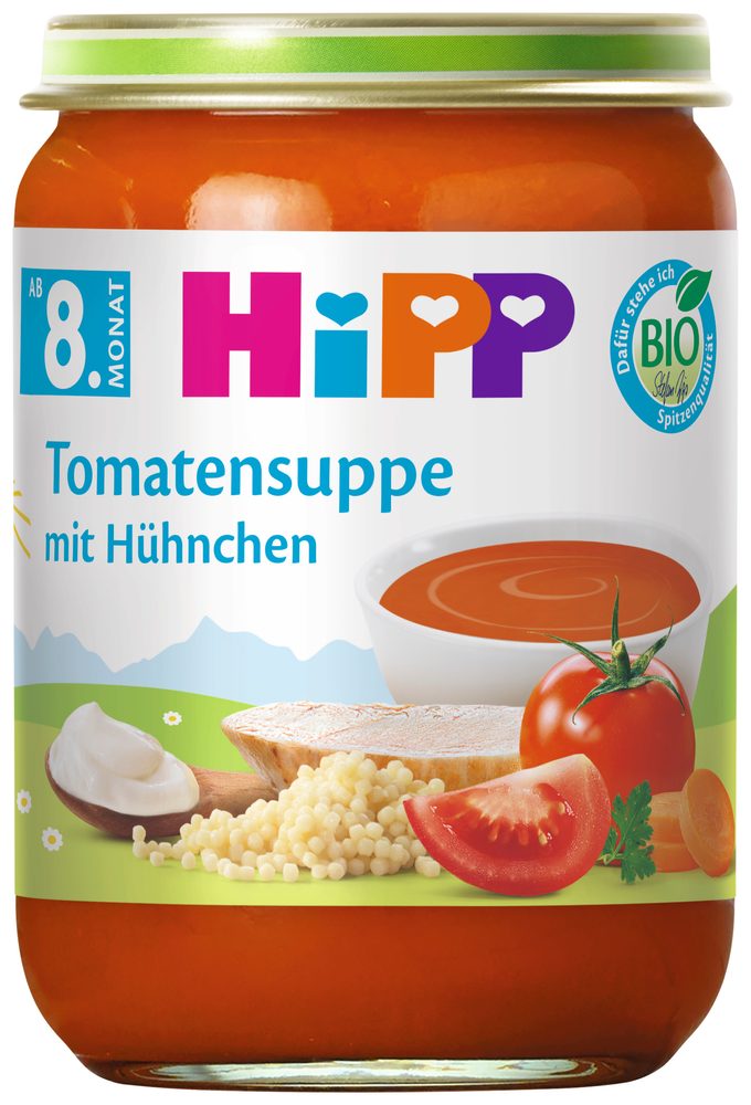HiPP BIO Rajčatová polévka s nudlemi a kuřecím masem 190 g - EXPIRACE 31.7.2026