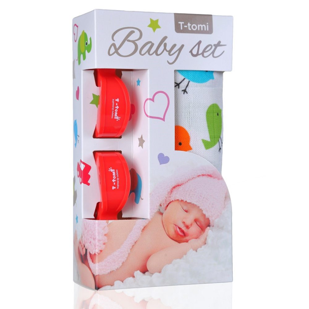 T-Tomi Baby SET Bambusová osuška s potiskem + kočárkový kolíček - birds / ptáčci  red / červená