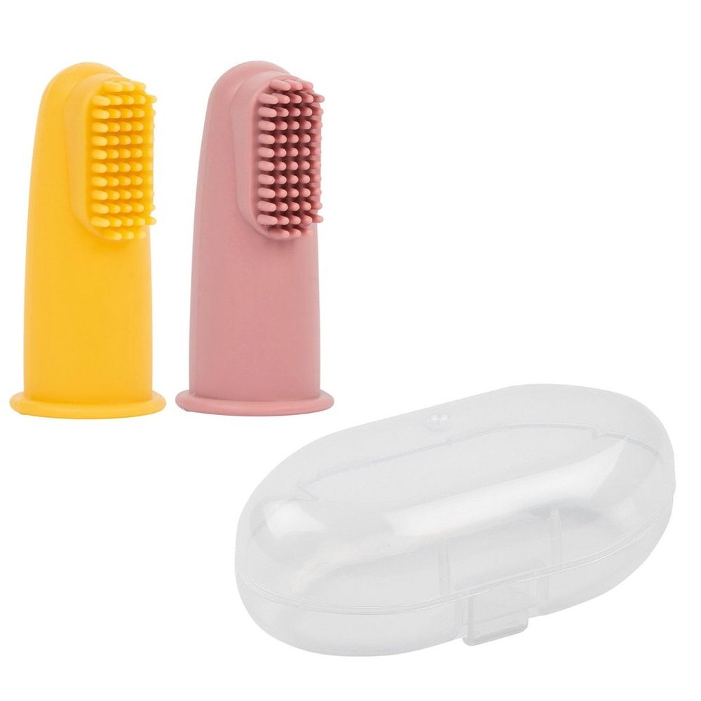 Nattou Kartáček silikonový na prst s pouzdrem Yellow/Pink 2 ks