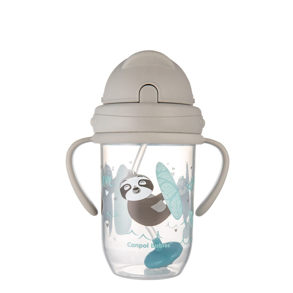 Levně Canpol babies Nevylévací hrneček se slámkou a závažím EXOTIC ANIMALS 270ml - šedý