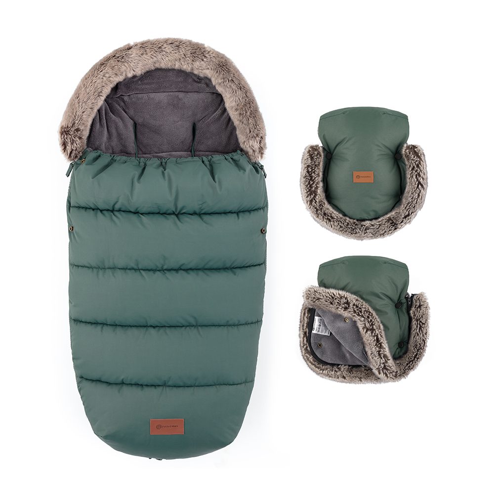 PETITE&MARS Set zimní fusak Comfy 4v1 + rukavice na kočárek Furry Elegant Caramel - PETITE&MARS Set zimní fusak Comfy 4v1 + rukavice na kočárek Furry Veritable Khaki