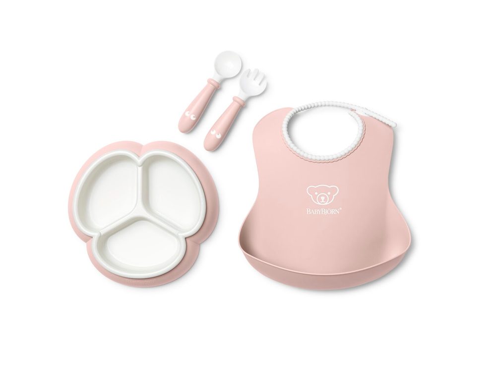 Babybjörn 4 dílný Jídelní set s děleným talířkem pudrově růžový