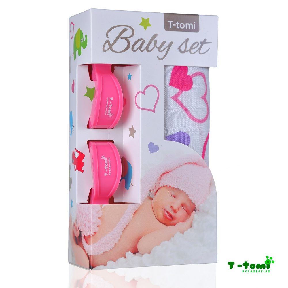 T-Tomi Baby SET Bambusová osuška s potiskem + kočárkový kolíček - srdíčka / růžový
