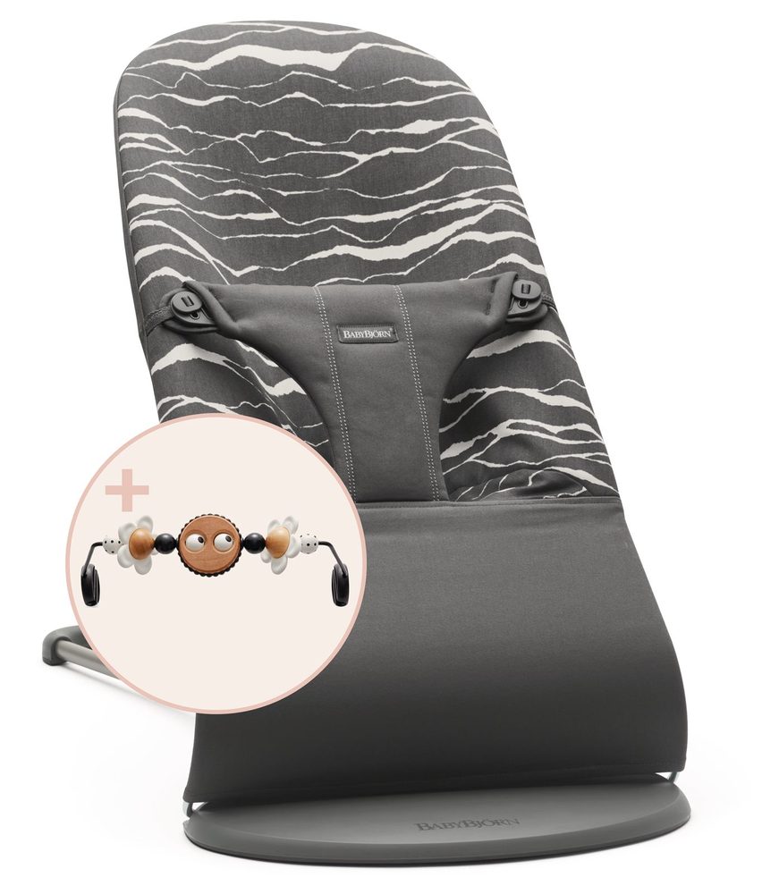 Babybjörn Lehátko Bouncer Bliss Anthracite Landscape Print Cotton s hračkou Googly Eyes Black / White