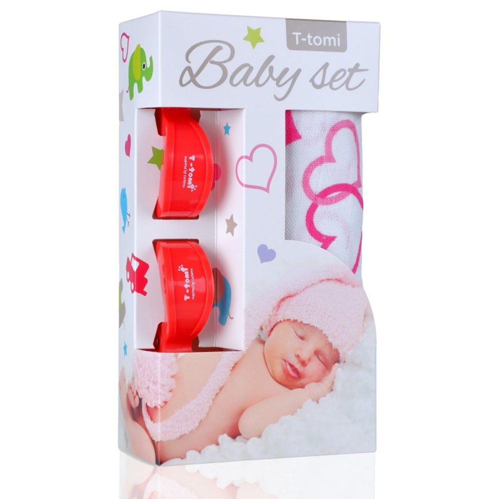 T-Tomi Baby SET Bambusová osuška s potiskem + kočárkový kolíček - srdíčka  red / červená