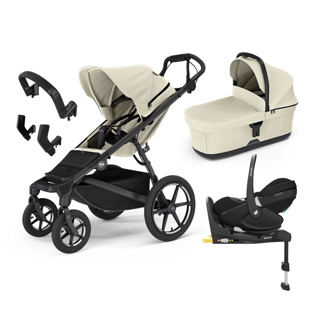 THULE Trojkombinace 6v1 Urban Glide 4-wheel + Bassinet + příslušenství 2024 + Maxi-Cosi Pebble 360 Pro² + základna FamilyFix 360 Pro - Soft Beige