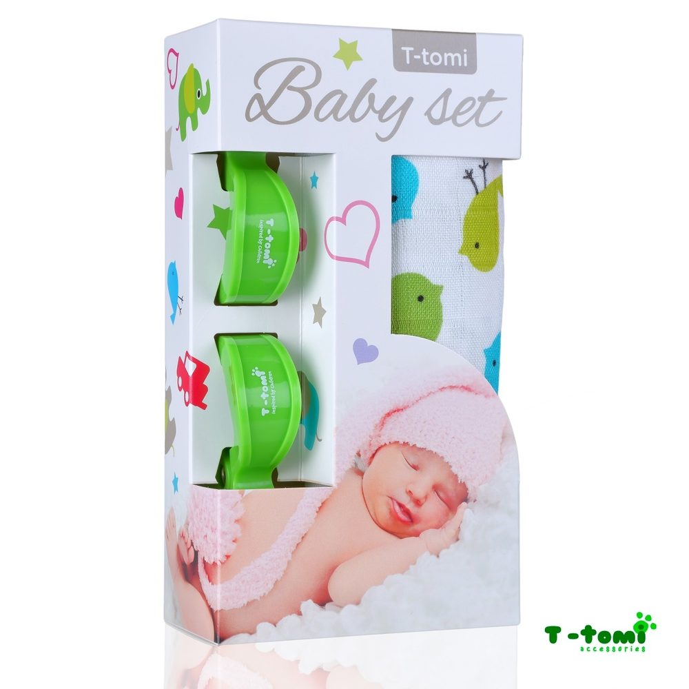 T-Tomi Baby SET Bambusová osuška s potiskem + kočárkový kolíček - ptáčci / zelený